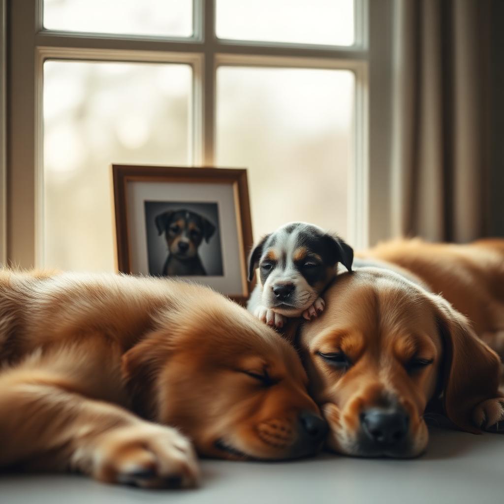 A framed puppy photo beside a sleeping senior dog by a window