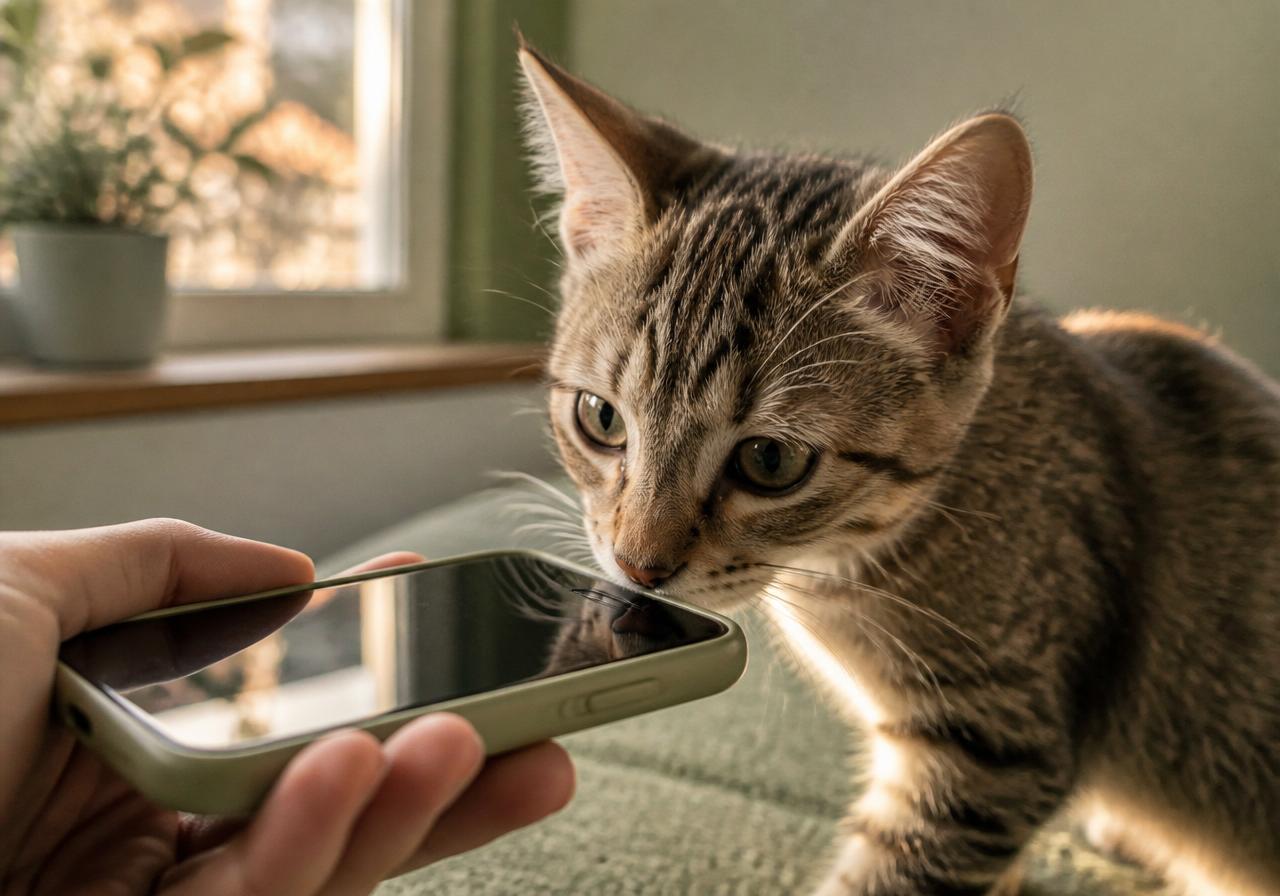 A curious kitten sniffing a phone as a new profile begins