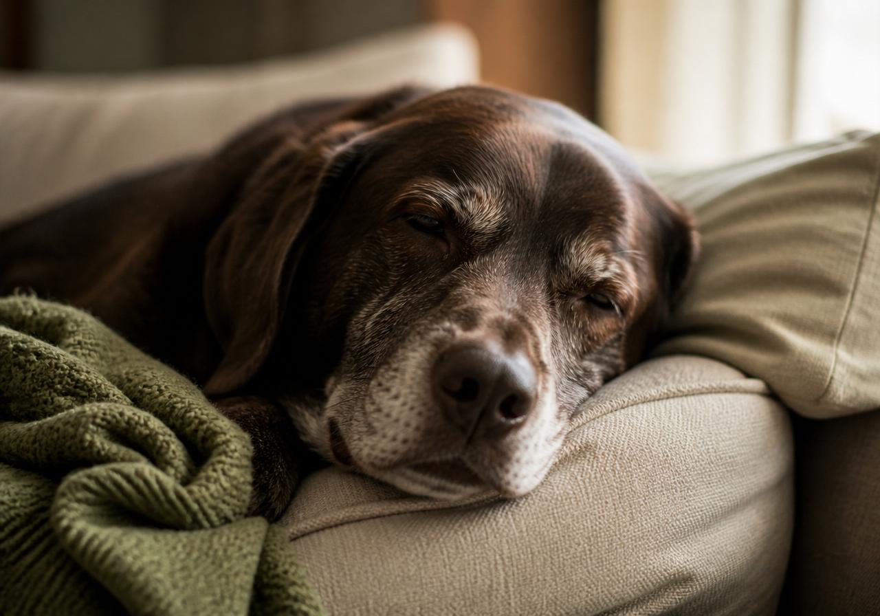 A senior dog resting peacefully on a linen couch