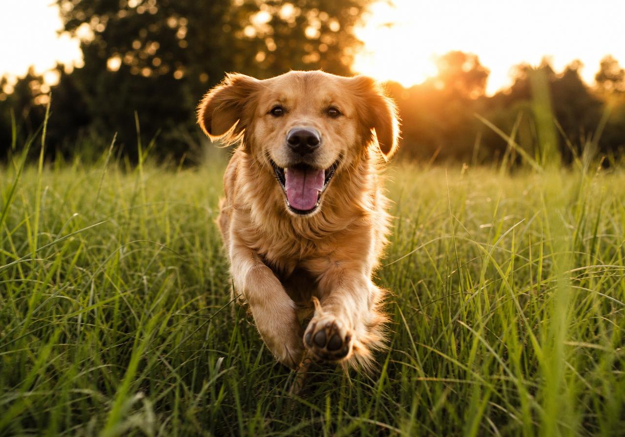 A golden retriever running joyfully through tall grass at sunset