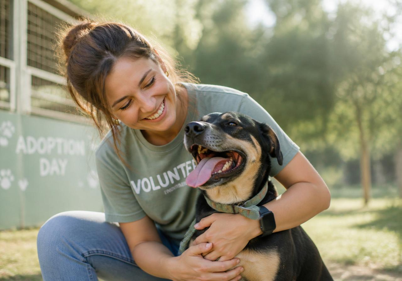 A smiling volunteer hugging a rescue dog on adoption day