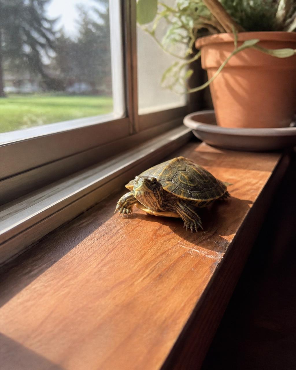 A small pet turtle basking on a sunlit wooden windowsill