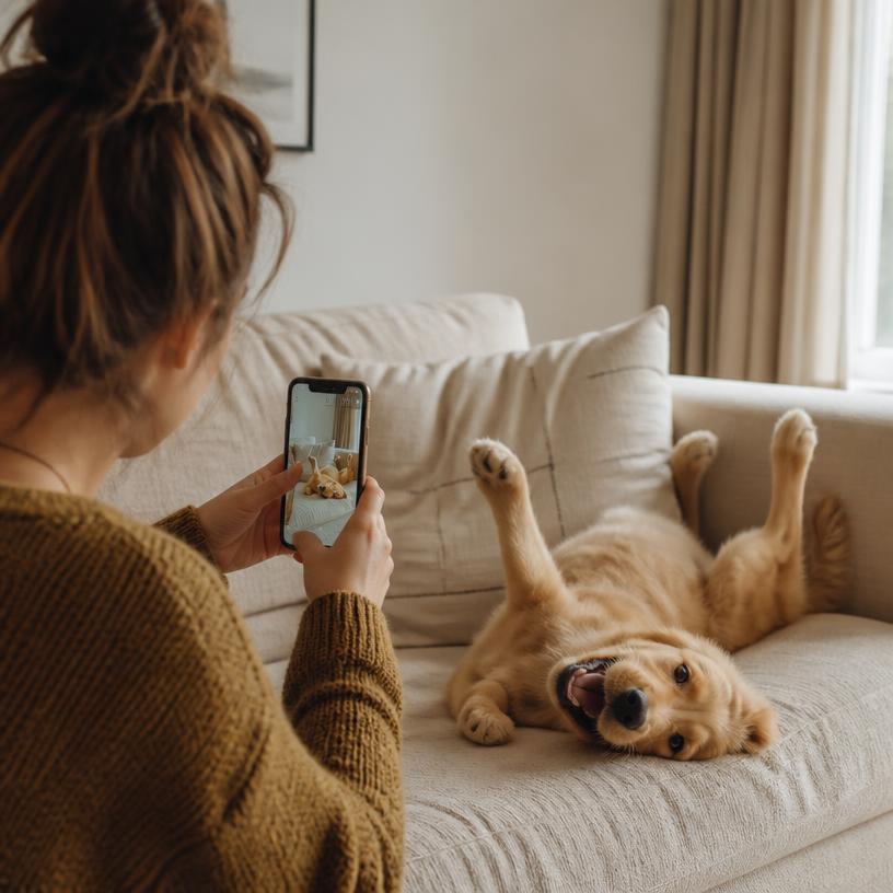 A person taking a quick photo of their golden retriever on the couch