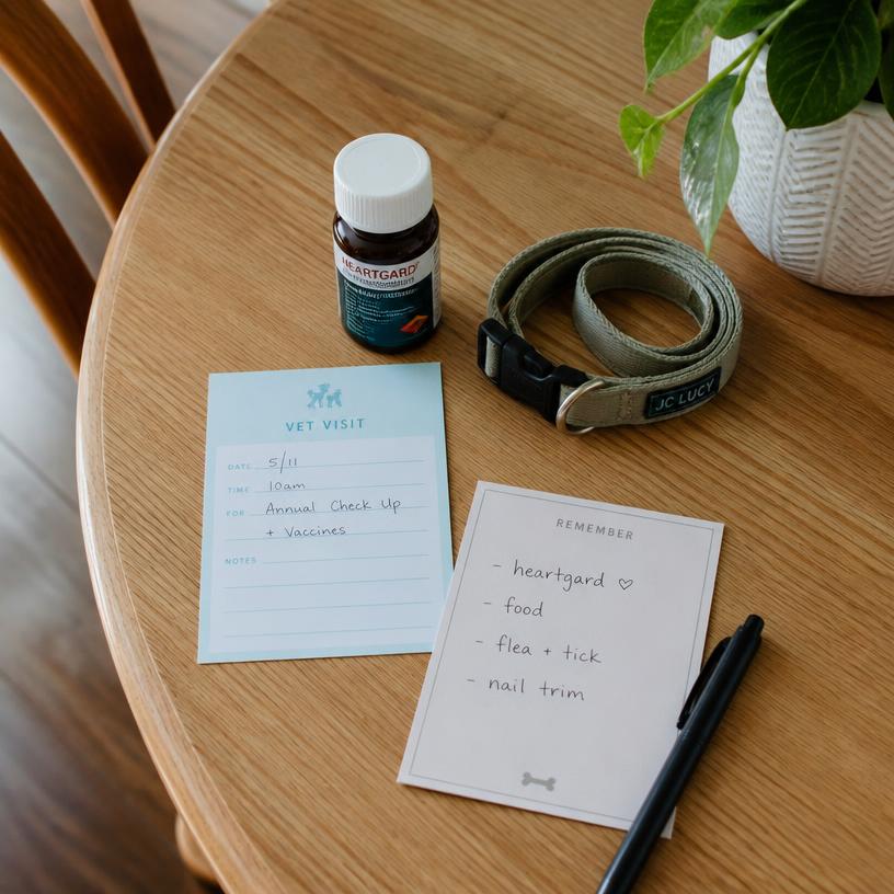 Pet care essentials neatly arranged on a wooden table
