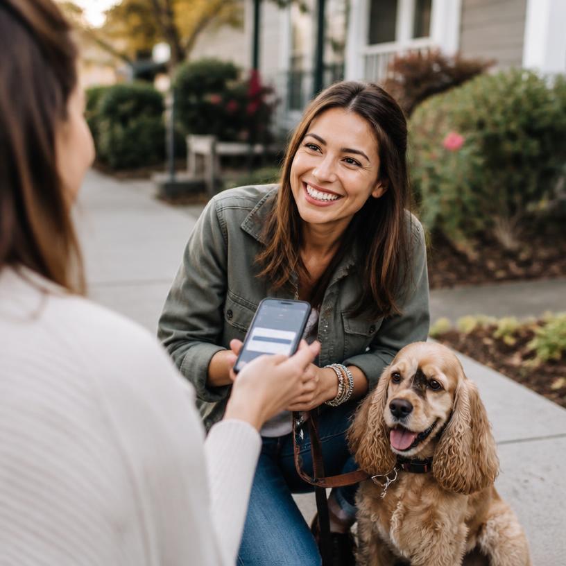 A smiling dog sitter receiving pet info on a phone