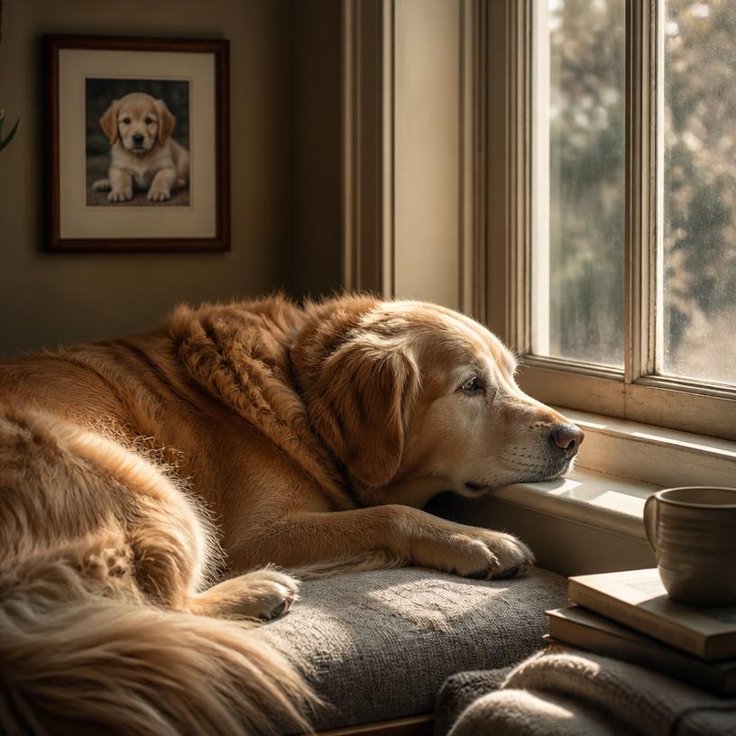 A senior golden retriever resting by a window with a puppy photo on the wall